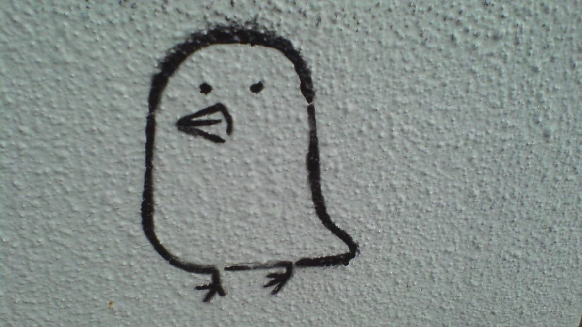 A simple black marker doodle of a chubby bird with a round body, tiny dot eyes, a pointed beak, and small stick-figure legs on a textured gray wall.